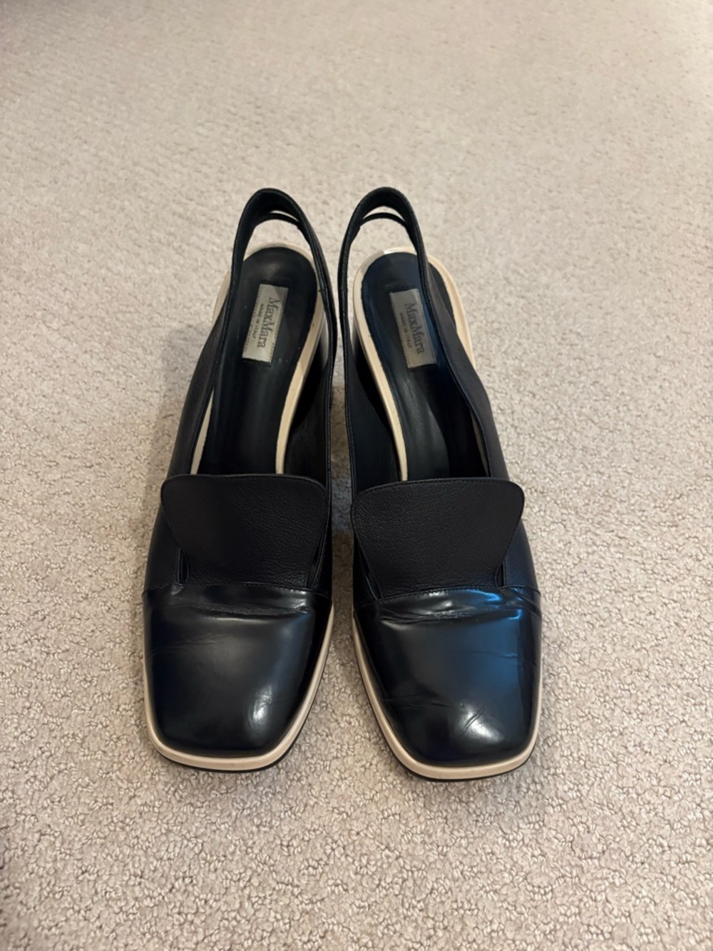 MaxMara Black Leather Slingback Block Heel Sandals EU 39.5 Square Toe